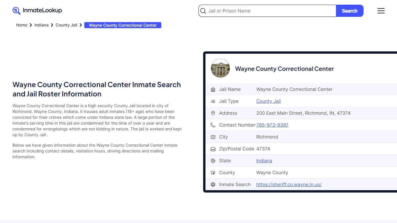 Wayne County Correctional Center (IN) Inmate Search and Jail Roster ...